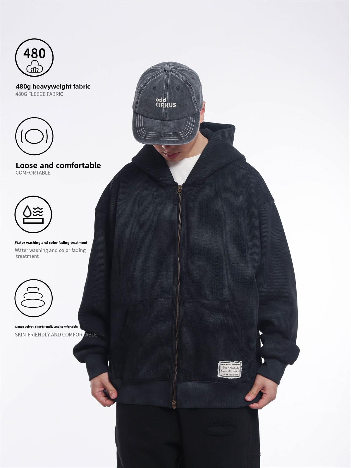Streetwear Brand Hoodies - レトロな和風ヘビーウェイト480gダブルジッパーフーディーメンズニュートラルストリートウェアトレンドブランドハイストリート風ジャケット
