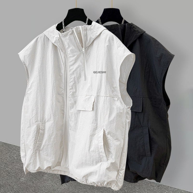 Streetwear Brand Hoodies - アイスシルクジッパーフーディーベストメンズフィットネス夏トレンディブランドハイストリートノースリーブTシャツルーズフィット通気性カジュアルウェア