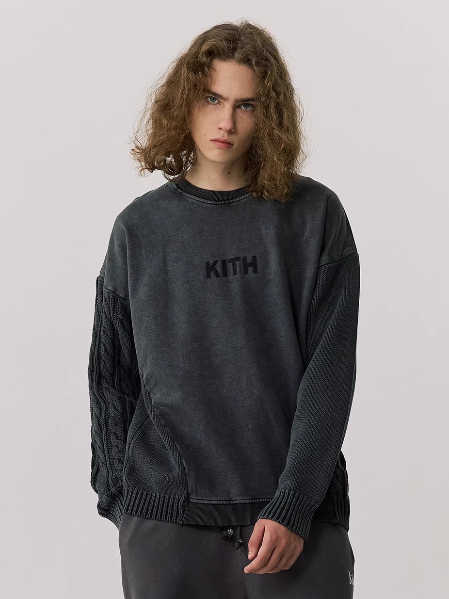 Kith Sweater Knit - 厚手ウォッシュドニットセーター ラウンドネック メンズパーカー パッチワーク 暖かいコットン スウェットシャツ