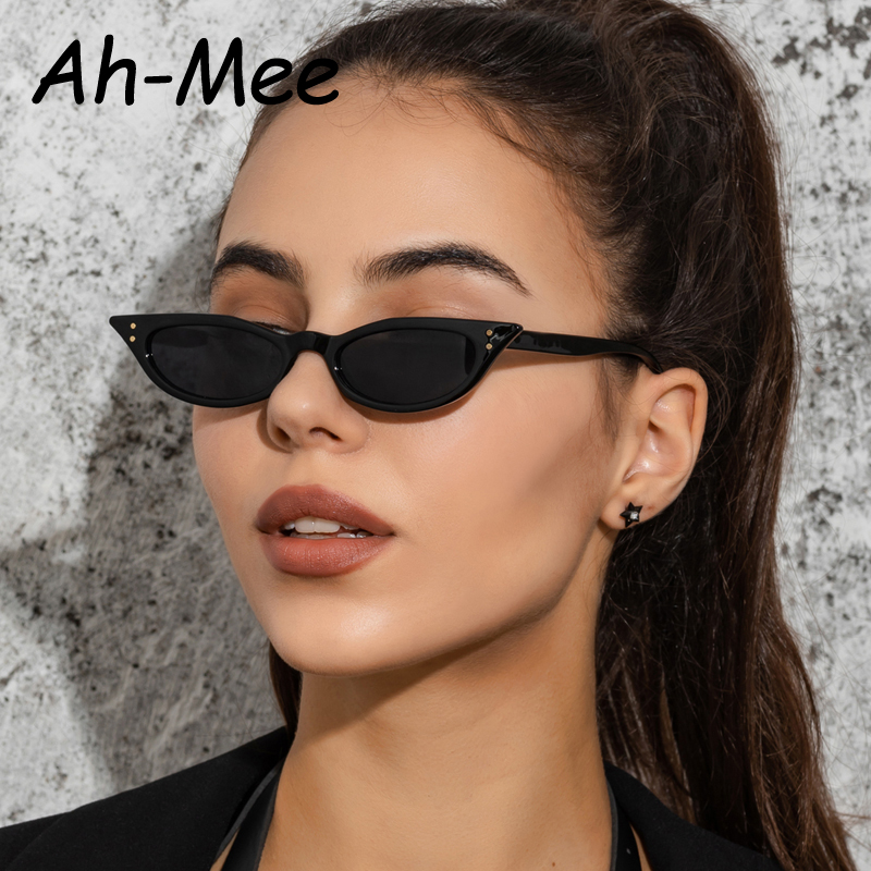 Streetwear Brand With Eye - 小さなキャットアイサングラス女性ブランドデザイナーヴィンテージリベット狭い三角形サングラス女性黒シェードストリート眼鏡