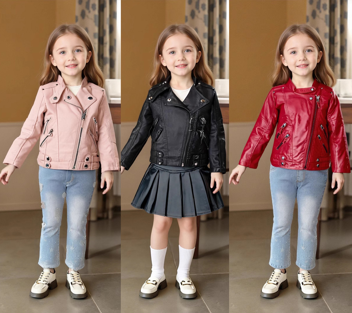 Streetwear Brand Red - 2-12Y 女の子クリスマスピンクレッドオートバイ Pu レザージャケット子供防水防風コートティーンキッズストリート写真撮影着用