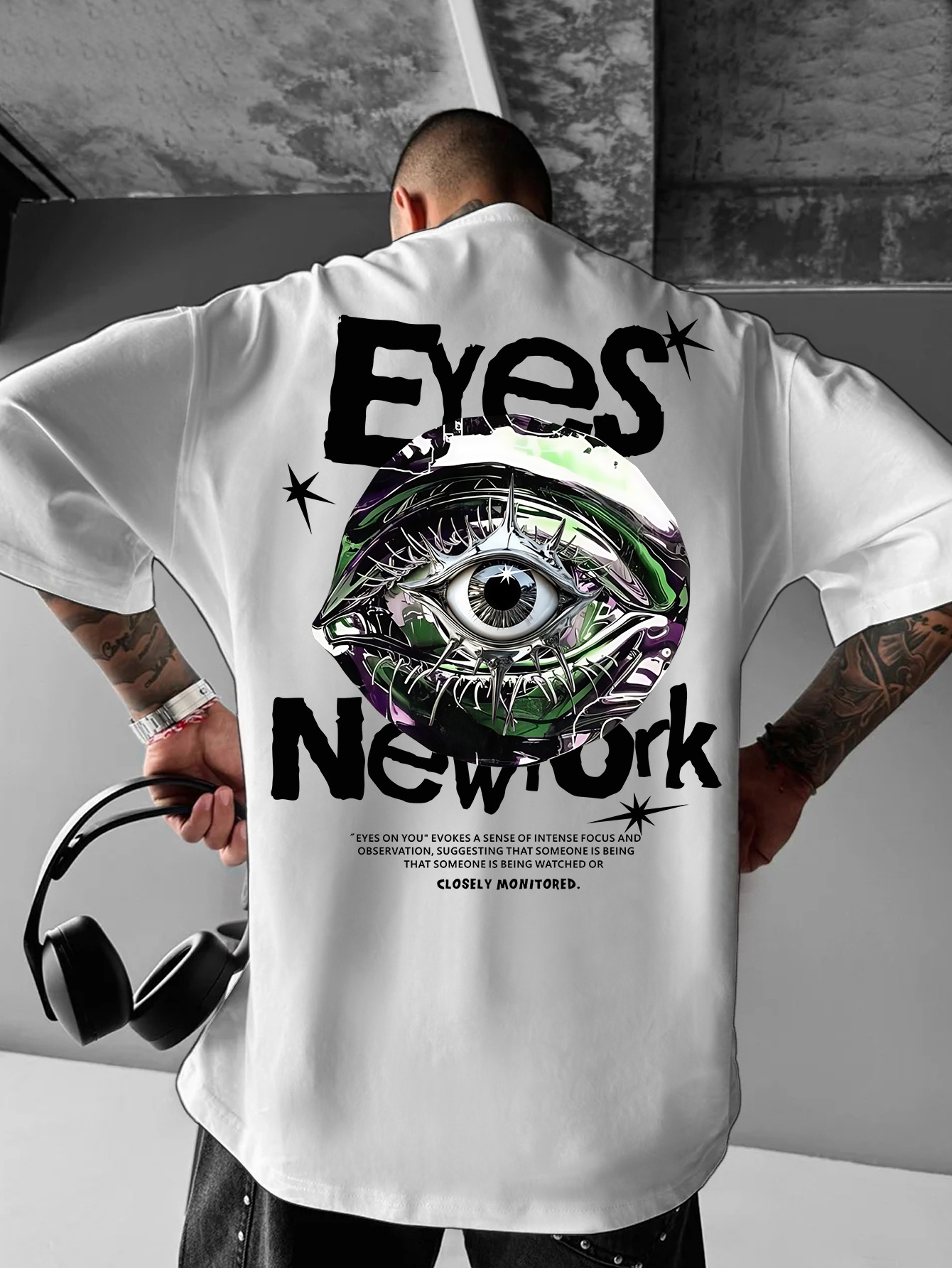 Streetwear Brand With Eye - メンズオーバーサイズニューヨークゴシックストリートウェアTシャツブランド Eyes New York メタルスパイク邪眼グラフィックプリントルーズフィットコットンショートパンツ
