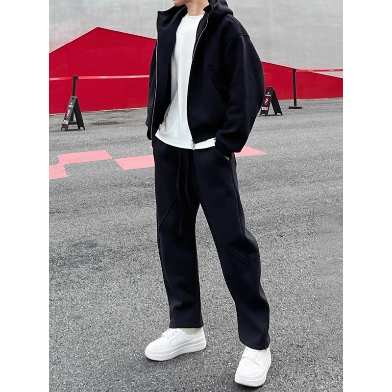 Streetwear Brand Hoodies - メンズフリース裏地付きスポーツウェアセットカジュアルルーズフィットパーカースウェットパンツツーピース秋冬ストリートウェアトレンディブランド