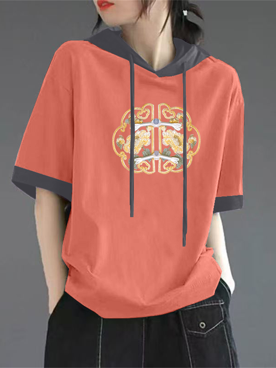 赤い純綿半袖Tシャツ女性の夏の新しい中国風パーカーハイエンド - Streetwear Brand Red のレビューと価格