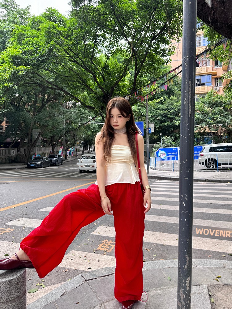 スリムフィットカジュアルワークウェアパンツローウエストレッド - Streetwear Brand Red のレビューと価格