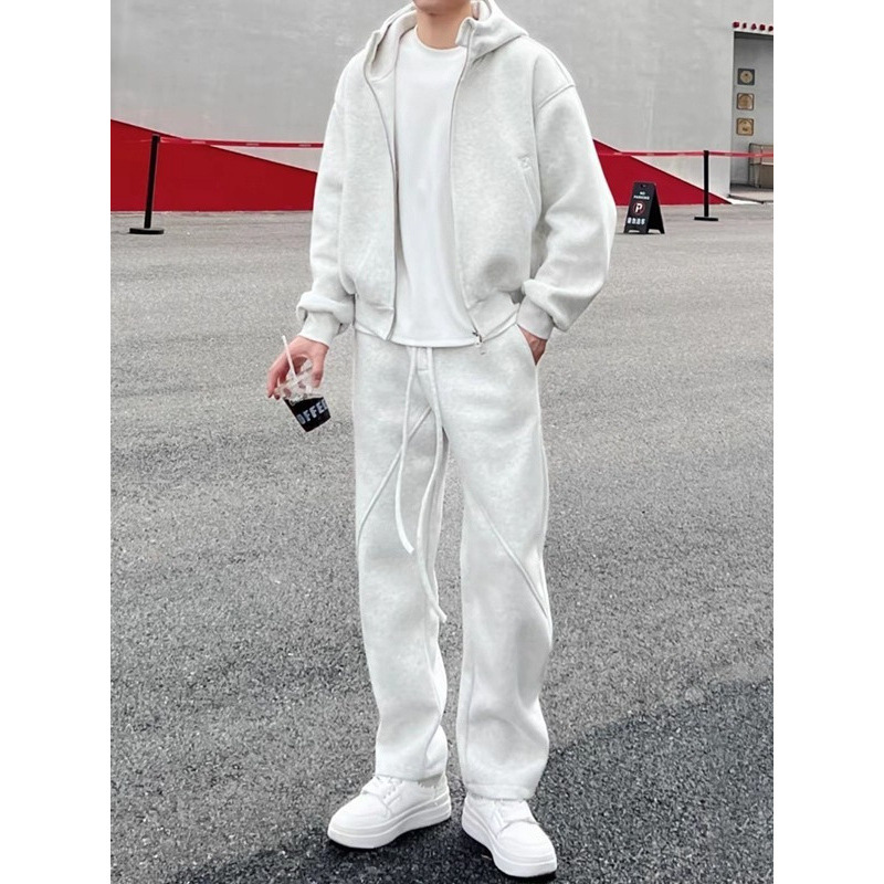 メンズフリース裏地付きスポーツウェアセットカジュアルルーズフ - Streetwear Brand Hoodies のレビューと価格